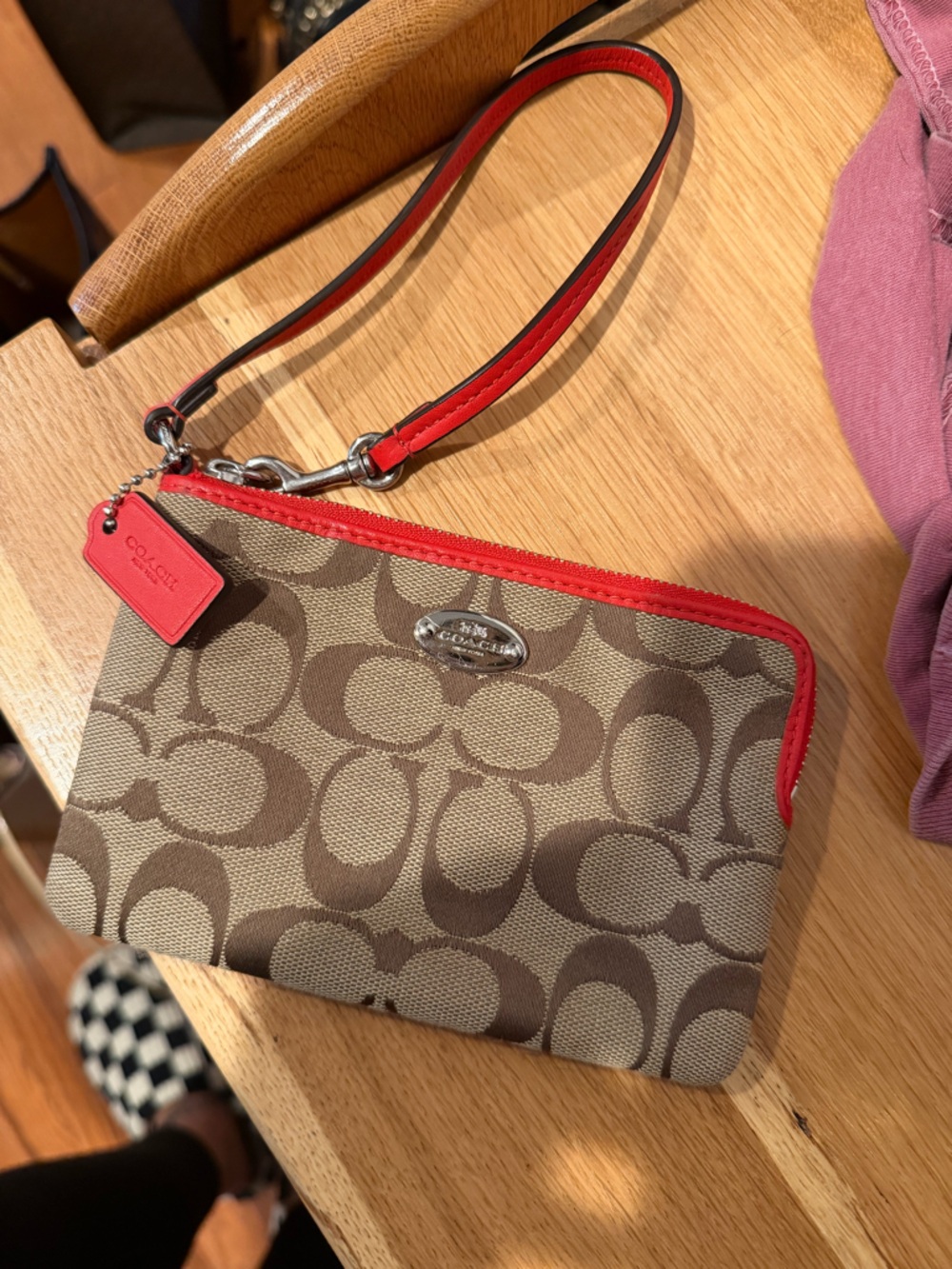Coach Monogram Canvas Wristlet in Brown with Red Trim